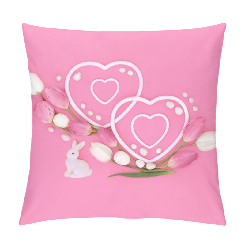 Personality  Spring And Easter Eggs With Tulip Flowers Two Double Heart Shaped Frames And Bunny On Pink Background. Springtime Nature Symbols Floral Fun Love Concept. Pillow Covers