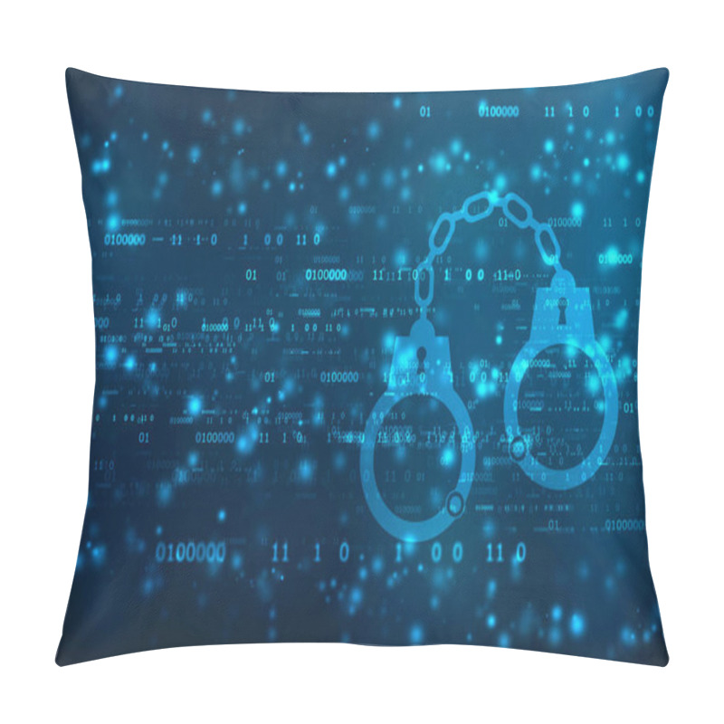 Personality  2d Illustration Cyber Security Concept: Handcuffs Icon On Digital Background, Cyber Crime Concept, Jail, Crime.  Pillow Covers