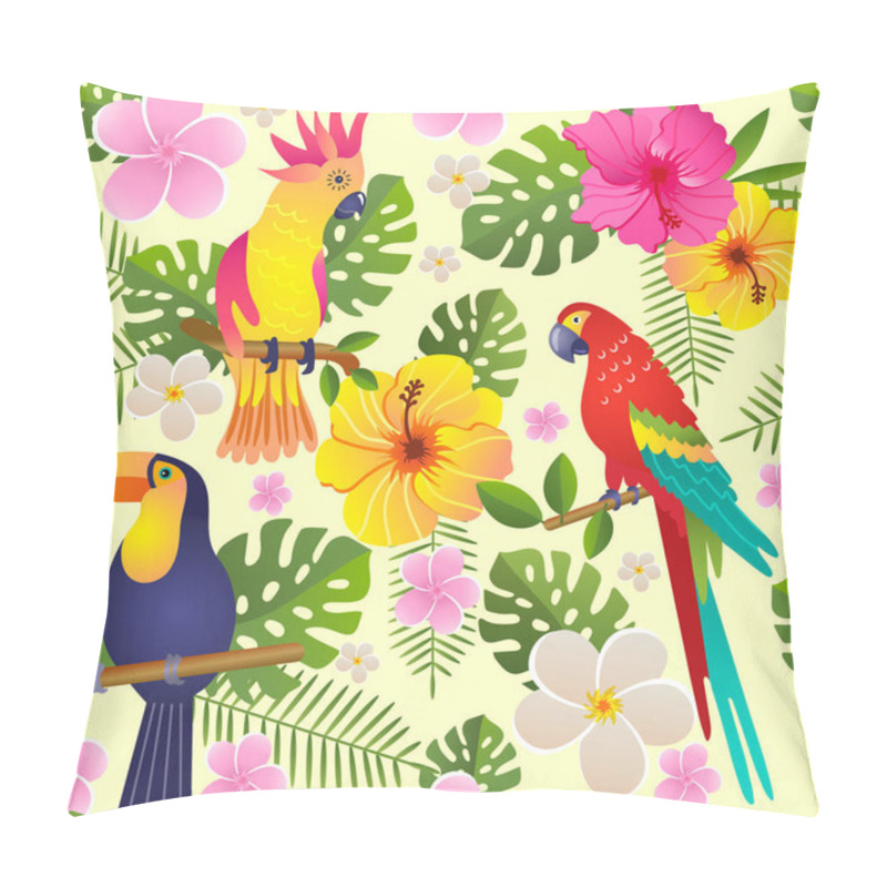 Personality  Toucan And Parrot Sits On A Flowering Branch Vector Illustration Seamless Pattern Pillow Covers