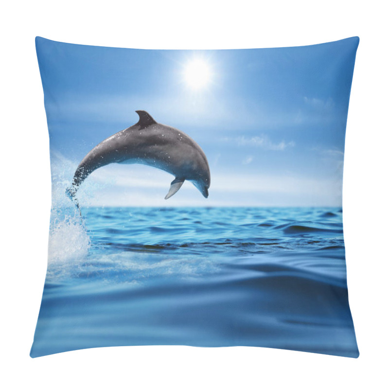 Personality  Beautiful Bottlenose Dolphin Jumping Out Of Sea With Clear Blue Water On Sunny Day  Pillow Covers