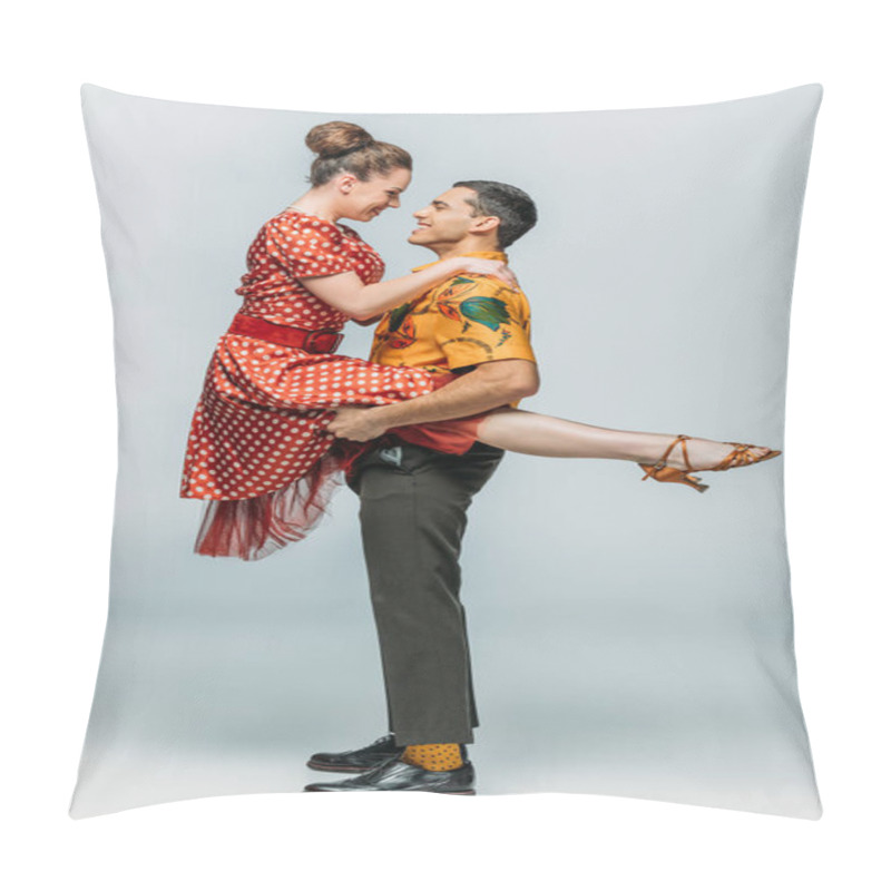 Personality  Side View Of Dancer Holding Cheerful Girl While Dancing Boogie-woogie On Grey Background Pillow Covers