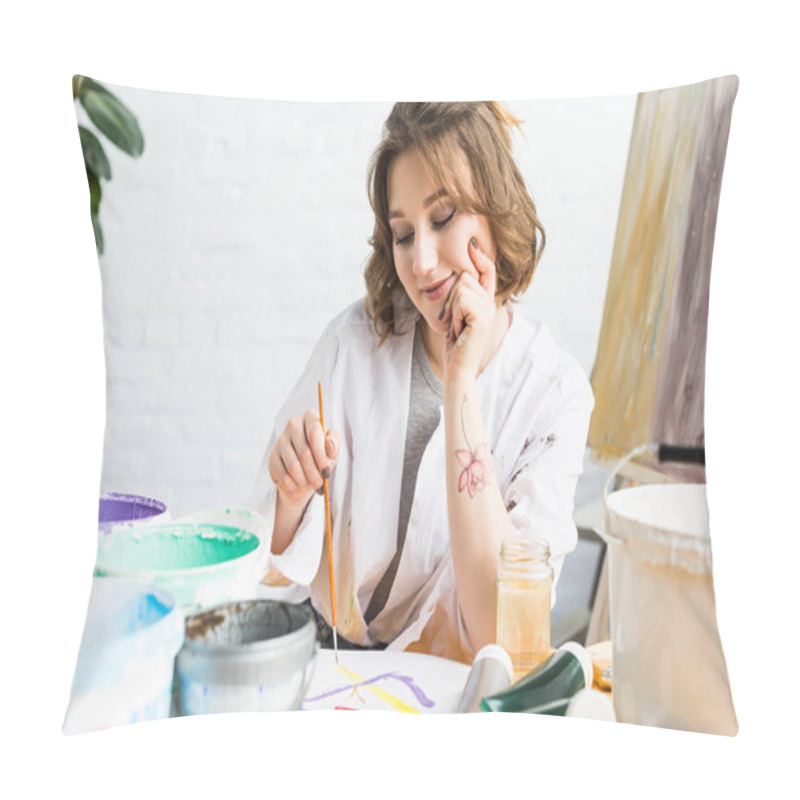 Personality  Young Artistic Girl Painting By Table In Light Studio Pillow Covers