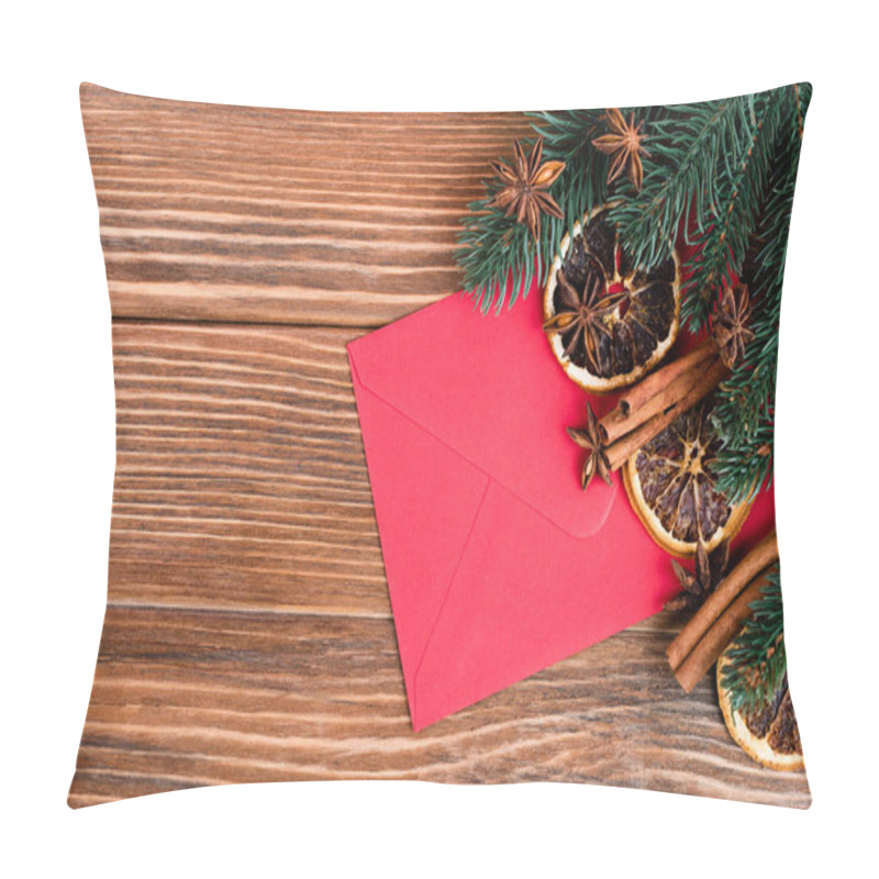 Personality  Top View Of Red Envelope Near Anise Stars, Cinnamon Sticks, Dry Orange Slices And Pine Branches On Brown Wooden Background Pillow Covers