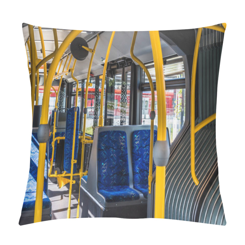 Personality  Interior Design Of A Modern Bus. Empty Bus Interior. Public Transport In The City. Passenger Transportation. Bus With Blue Seats And Yellow Handrails. Pillow Covers