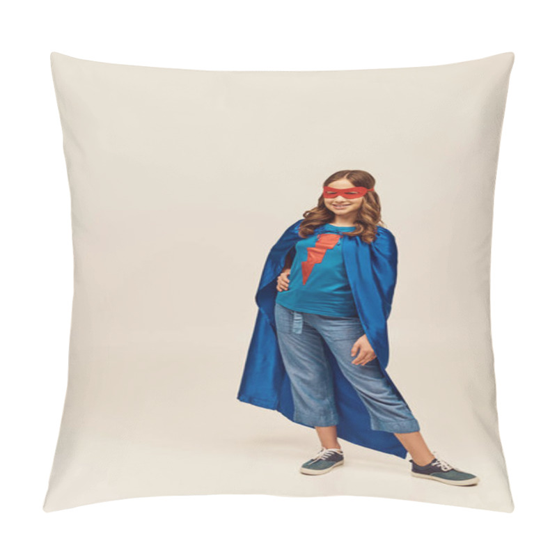 Personality  Happy Girl In Superhero Costume With Blue Cloak And Red Mask, Standing With Hand On Hip And Posing In Denim Jeans And T-shirt While Celebrating Child Protection Day Holiday On Grey Background  Pillow Covers