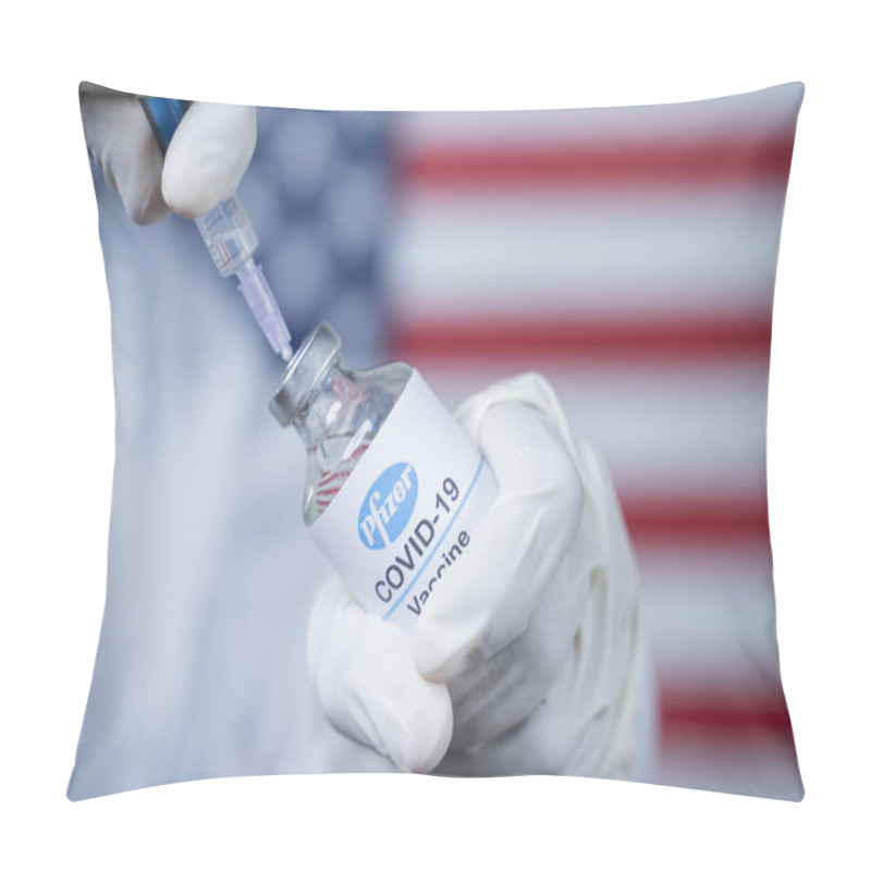 Personality  Maski, India - Nov 12,2020 : Doctor Holding Pfizer Biontech Vaccine And Syringe To Protect Against Coronavirus COVID-19 Disease With US Flag As Background Pillow Covers