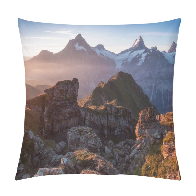 Personality  Summer Holiday Season. Sunrise View On Bernese Range Above Bachalpsee Lake. Highest Peaks Eiger, Jungfrau And Schreckhorn In Famous Location. Switzerland Alps, Grindelwald Valley. Travel Background Pillow Covers