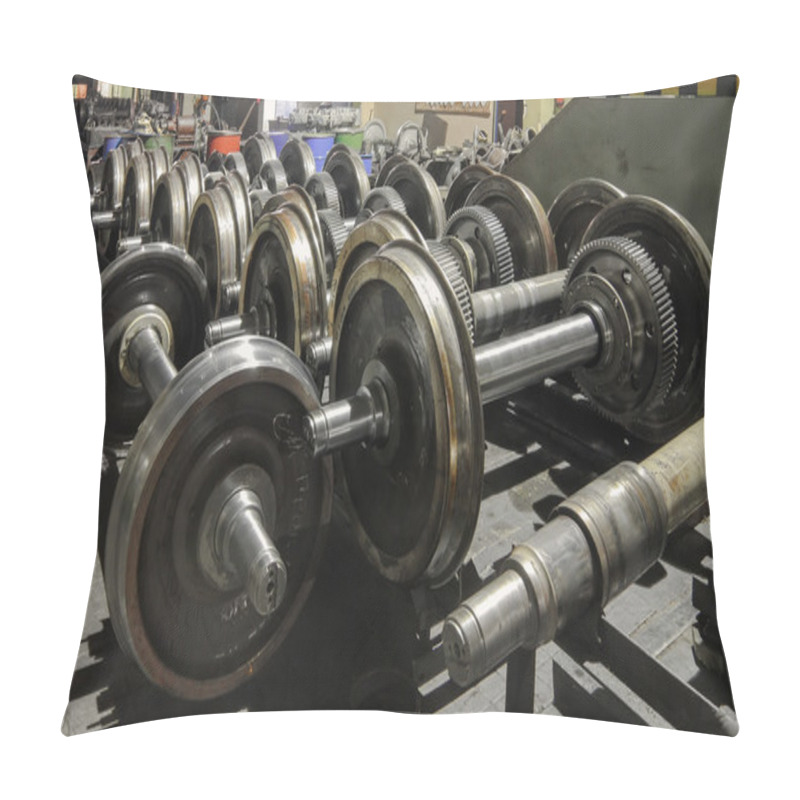 Personality  Many Wheelset Standing On The Floor. Details Of The Train Wheel Pillow Covers