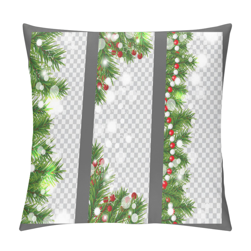 Personality  Collection Christmas And New Year Vertical Banner With Border Or Garland Of Christmas Tree Branches, Holly Berries And Beads On Transparent Background. Holidays Decoration. Vector Illustration. Pillow Covers