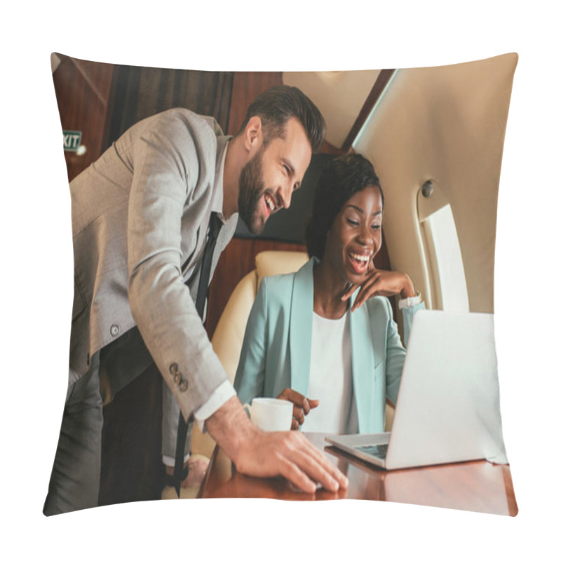 Personality  Smiling Businessman Standing Near Happy African American Businesswoman While Having Video Call In Private Jet Pillow Covers