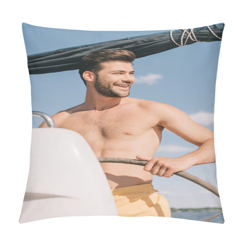 Personality  Smiling Shirtless Muscular Man In Swim Trunks Steering Yacht  Pillow Covers