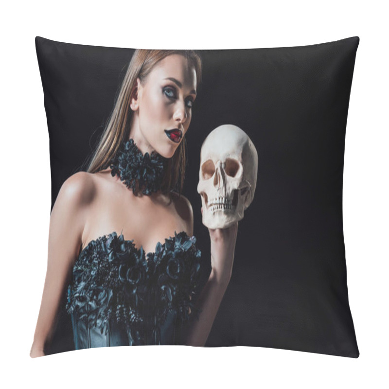 Personality  Scary Vampire Girl In Black Gothic Dress Holding Human Skull Isolated On Black Pillow Covers