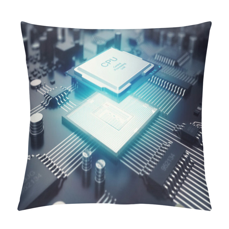 Personality  3D Rendering Circuit Board. Technology Background. Central Computer Processors CPU Concept. Motherboard Digital Chip. Tech Science EDA Background. Integrated Communication Processor, Information CPU E Pillow Covers