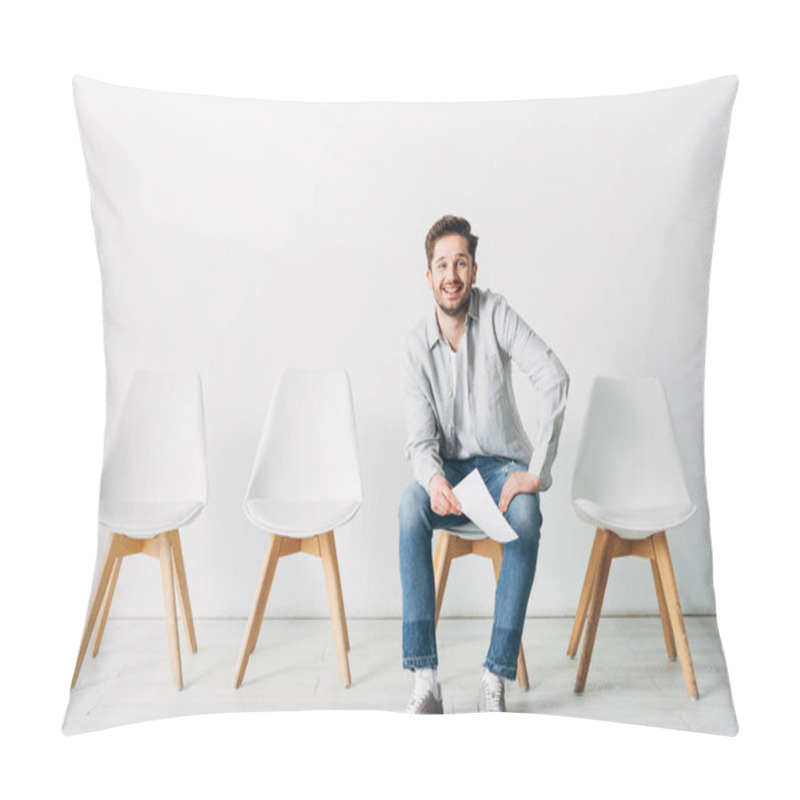 Personality  Smiling Man With Resume Looking At Camera While Sitting On Chair In Office Pillow Covers