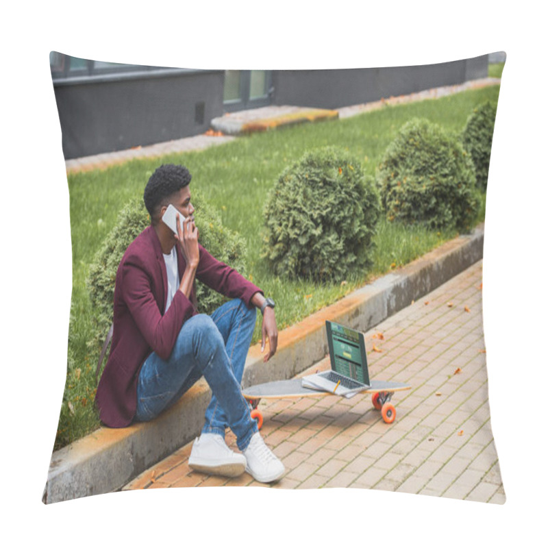 Personality  Young Freelancer Talking By Phone While Sitting On Curb On Street With Laptop With Sportsbet Website On Screen Lying On Skateboard Pillow Covers