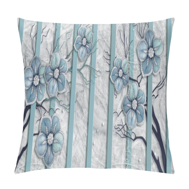 Personality  3d Wallpaper, Blue Jewelry Flowers, Marble Background, Vertical Stripes Pillow Covers