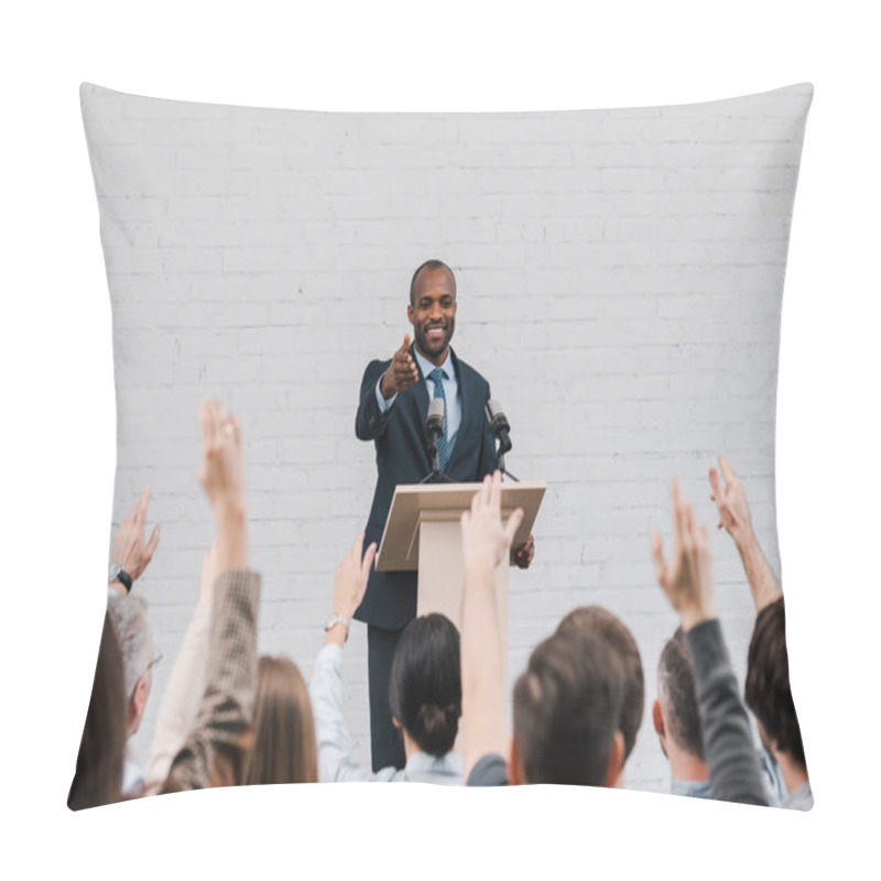 Personality  Back View Of Journalists With Raised Hands Near Happy African American Speaker Gesturing Near Microphones  Pillow Covers