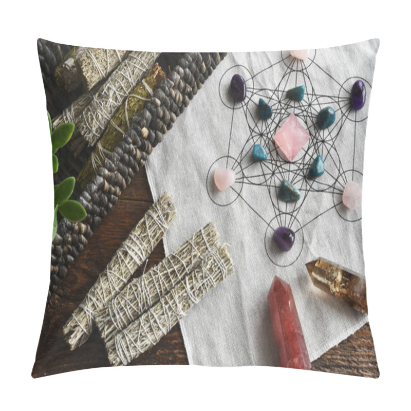 Personality  A Top View Image Of A Healing Crystal Grid Using A Sacred Geometry Grid Cloth And White Sage Smudge Sticks. Pillow Covers