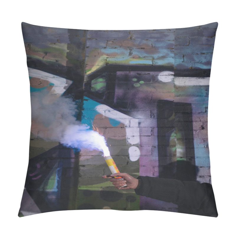 Personality  Cropped View Of Hand With Smoke Bomb Against Wall With Graffiti At Night Pillow Covers