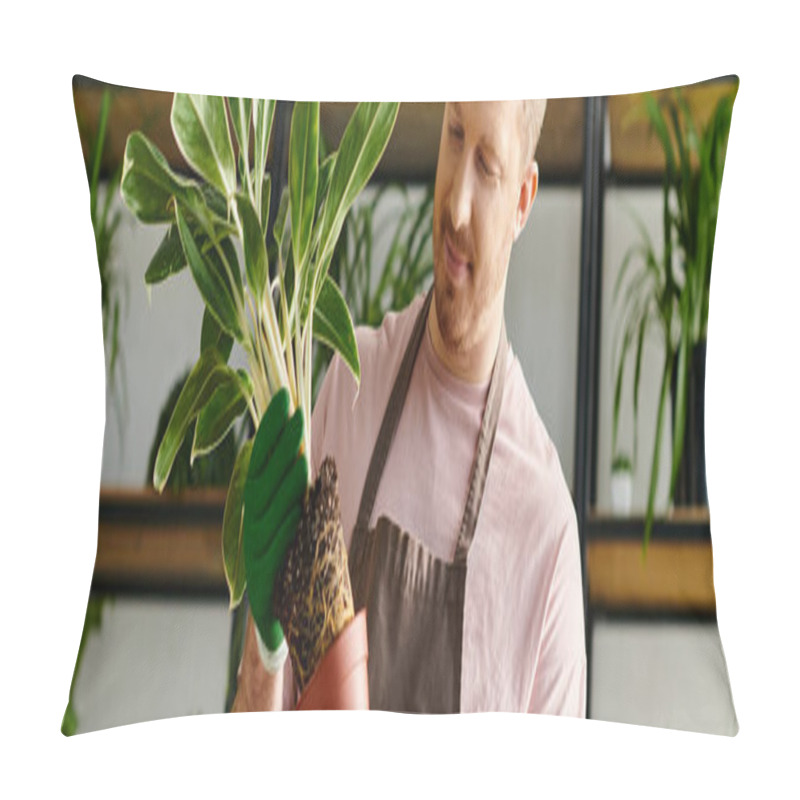 Personality  A Man Delicately Holds A Potted Plant In His Hands, Surrounded By Lush Greenery In A Plant Shop. Pillow Covers