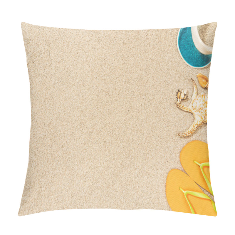 Personality  Flat Lay With Arrangement Of Seashells, Yellow Flip Flops And Blue Cap On Sand Pillow Covers