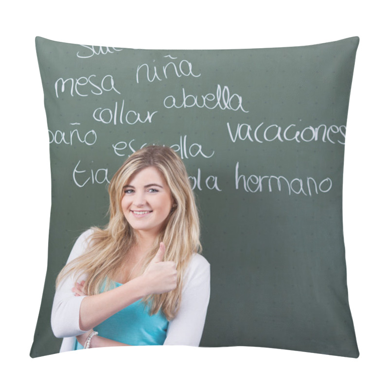 Personality  Girl Showing Thumbs Up Sign With Words Written On Blackboard Pillow Covers