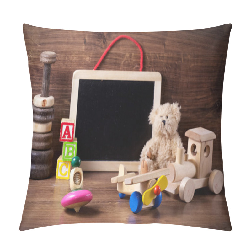 Personality  Collection Of Old Wood Children Toys With Teddy Bear Pillow Covers