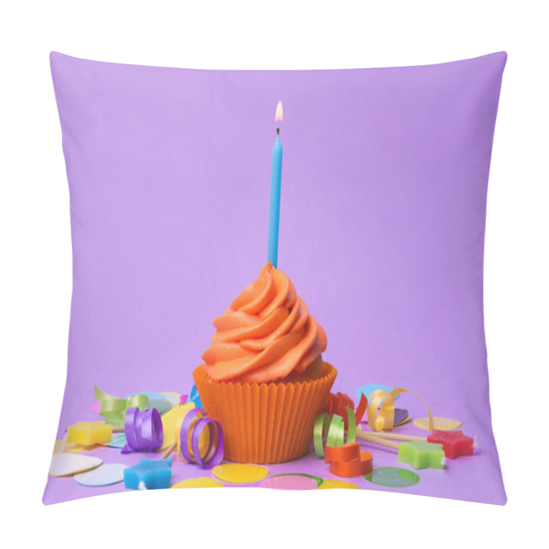 Personality  Delicious Birthday Cupcake With Orange Cream And Burning Candle On Violet Background Pillow Covers