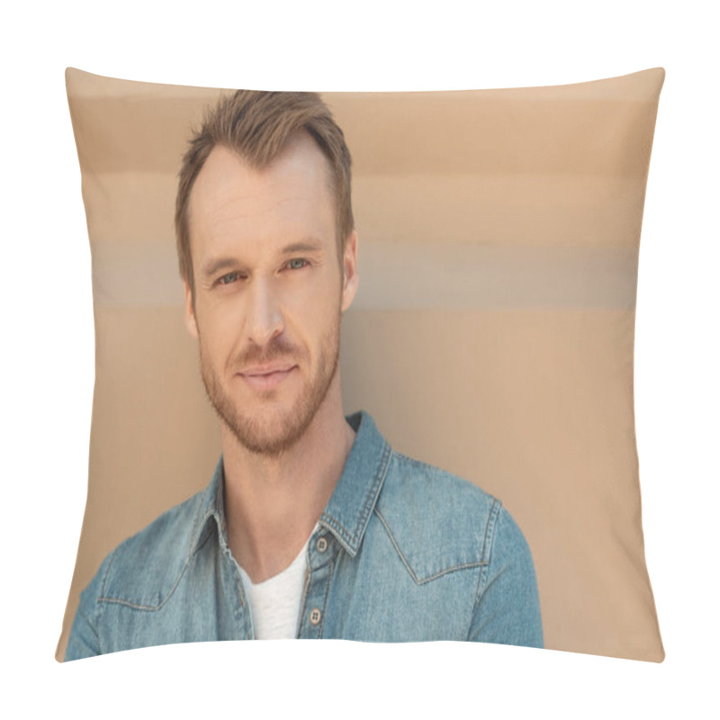 Personality  Close-up Portrait Of Attractive Young Man Looking At Camera In Front Of Wall Pillow Covers