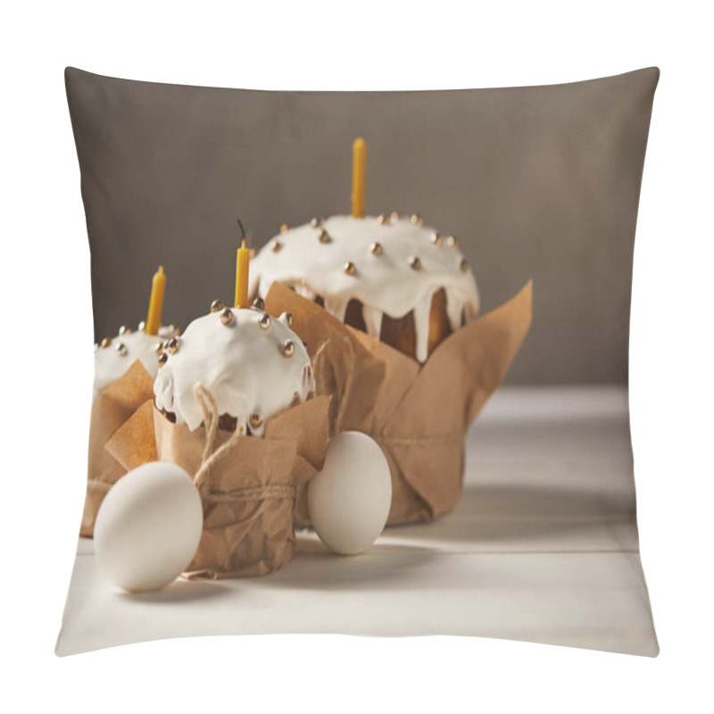 Personality  Traditional Easter Cakes With Candles And Chicken Eggs On White Surface Pillow Covers