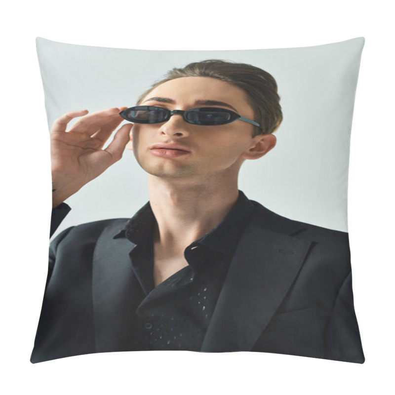 Personality  A Young Queer Person Strikes A Confident Pose In A Sharp Suit, Wearing Sunglasses On A Grey Background. Pillow Covers