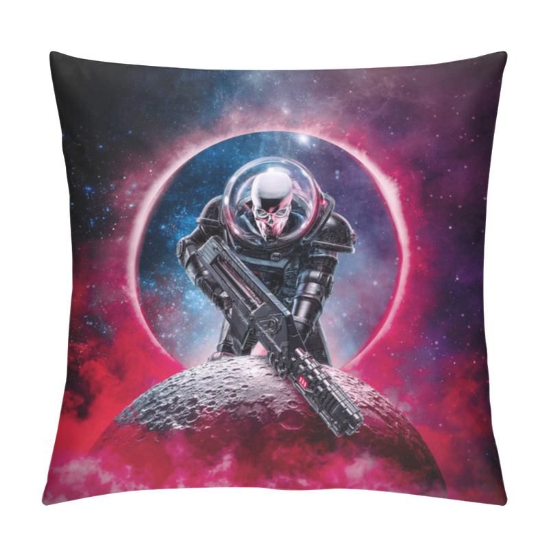 Personality  The Death Trooper / 3D Illustration Of Science Fiction Scene Showing Evil Skull Faced Astronaut Space Marine Soldier With Laser Pulse Rifle Rising Above Moon Pillow Covers