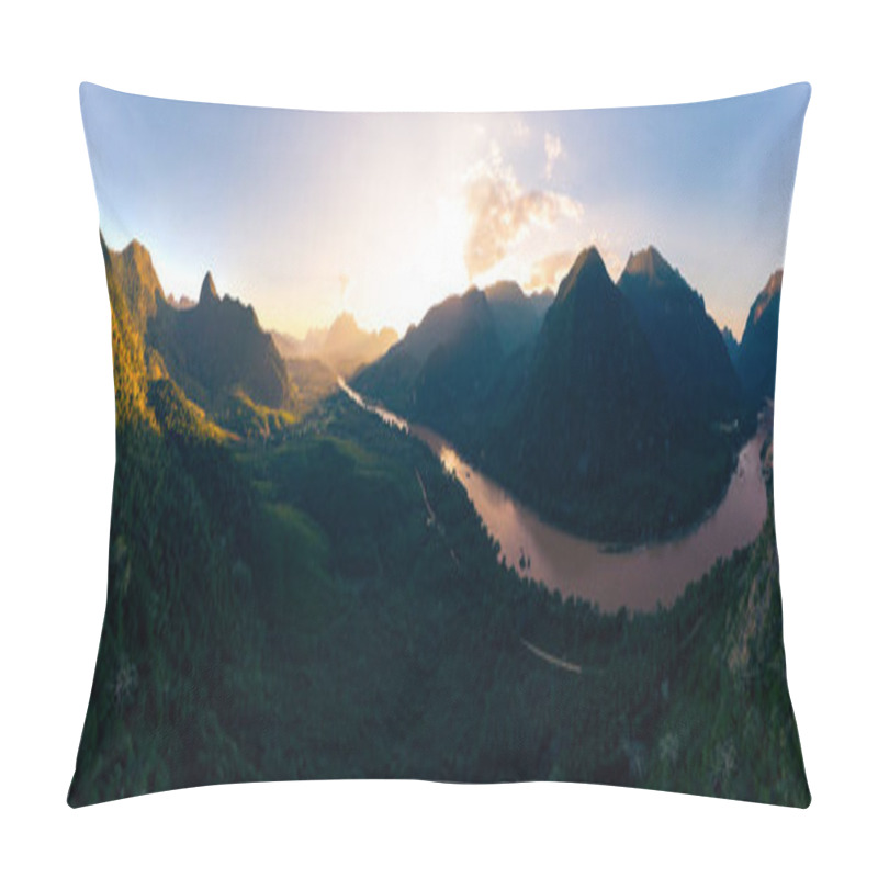 Personality  Aerial Panoramic Nam Ou River Nong Khiaw Muang Ngoi Laos, Sunset Dramatic Sky, Scenic Mountain Landscape, Famous Travel Destination In South East Asia Pillow Covers