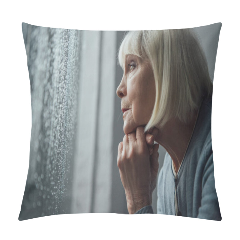 Personality  Senior Woman With Grey Hair Propping Chin With Hand And Looking Through Window With Raindrops At Home Pillow Covers