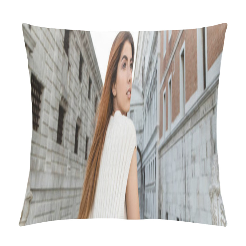 Personality  Redhead Woman In Knitwear Looking Away Near Medieval Prison In Venice, Banner Pillow Covers