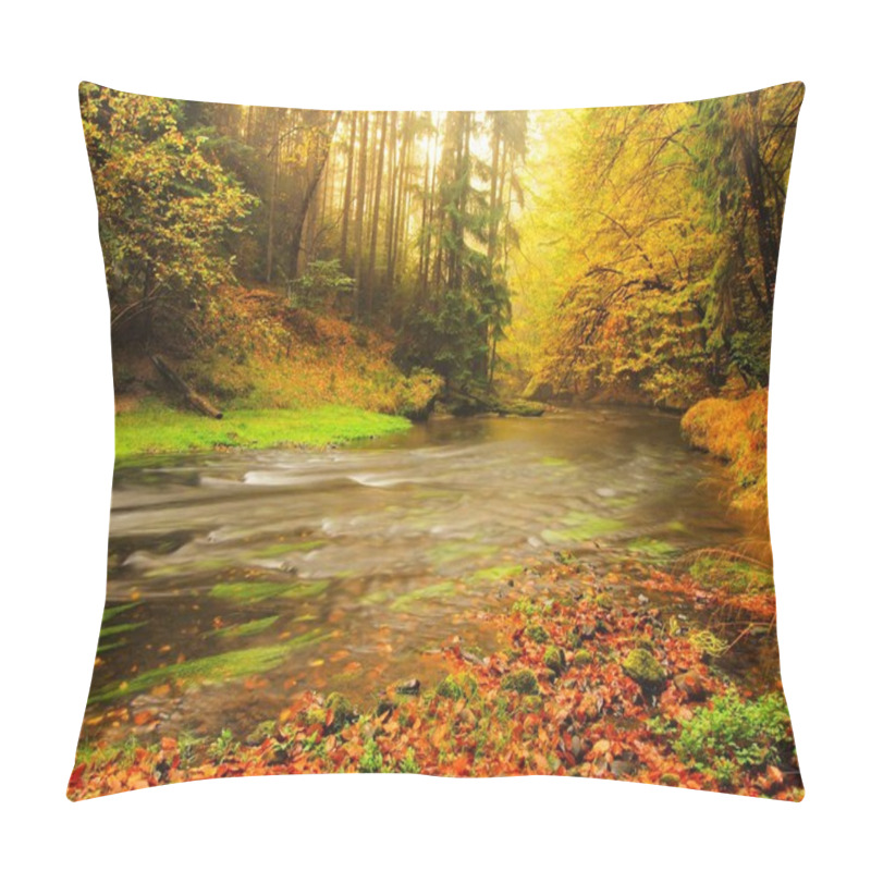 Personality  Stony Bank Of Autumn Mountain River Covered By Orange Beech Leaves. Fresh Green Leaves On Branches Above Water Make Colorful Reflection In Level  Pillow Covers