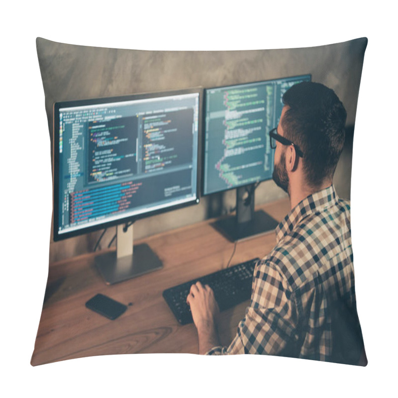 Personality  Profile Side View Of His He Nice Bearded Guy Wearing Checked Shirt Professional Expert Html Data Base Structure Screen At Wooden Industrial Interior Work Place Station Pillow Covers