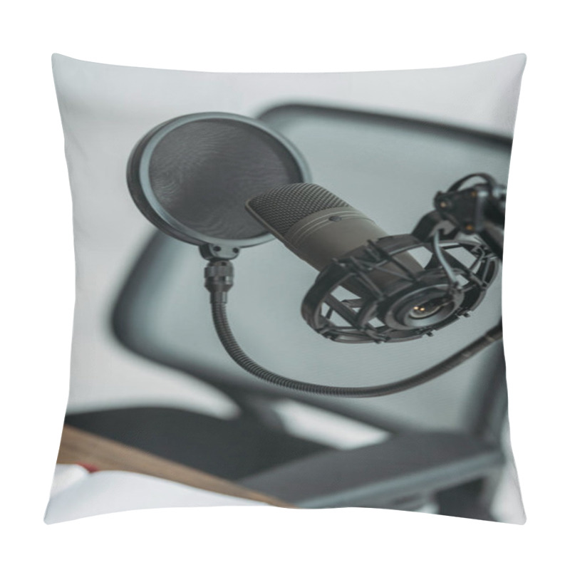 Personality  Professional Microphone With Membrane At Workplace In Broadcasting Studio Pillow Covers