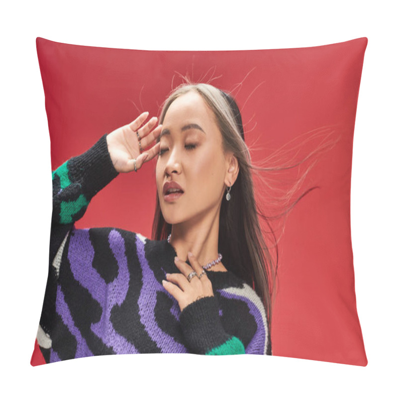 Personality  Beautiful Young Asian Woman With Dyed Hair In Sweater With Animal Print Posing With Hand Near Face Pillow Covers