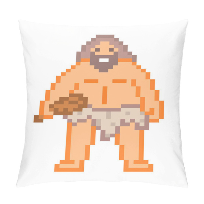 Personality  Big Bearded Hairy Caveman With A Bat, Pixel Art Character Isolated On White Background. Fierce Ancient Man Hunting.   Retro Vintage 80s; 90s Slot Machine/video Game Graphics. Pillow Covers