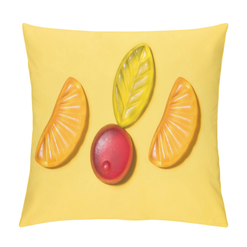 Personality  Top View Of Tasty Gummy Fruits On Yellow Surface Pillow Covers