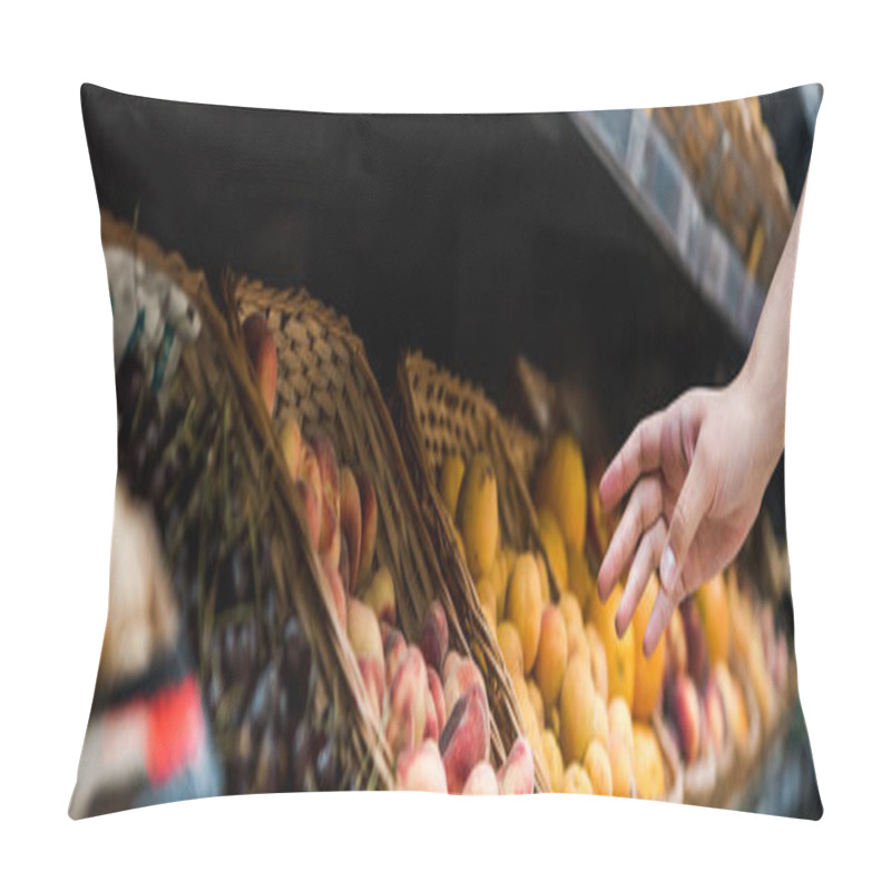 Personality  Panoramic Shot Of Young Woman Near Fruits In Supermarket  Pillow Covers