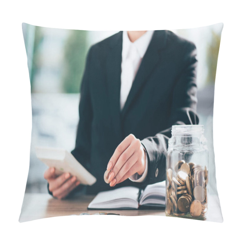 Personality  Cropped Shot Of Businesswoman Working And Putting Coin On Pile Pillow Covers