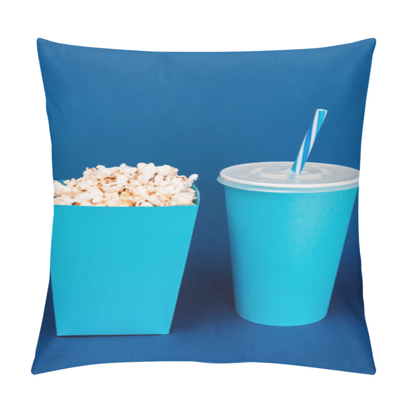 Personality  Paper Cup And Popcorn On Blue Background With Copy Space  Pillow Covers