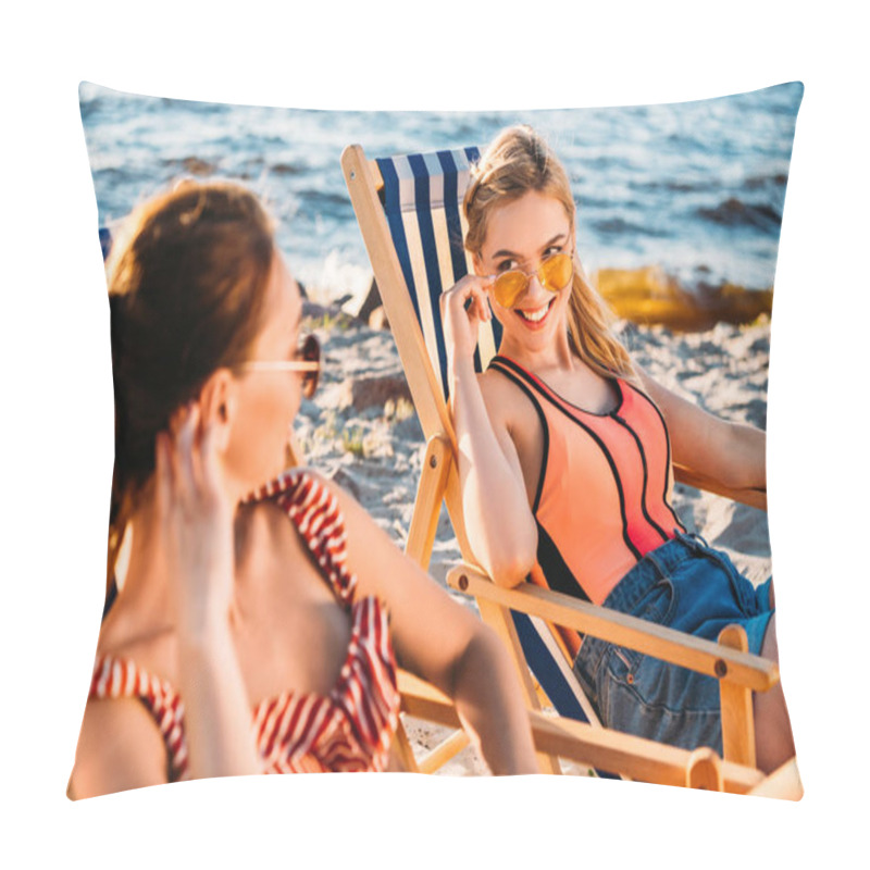 Personality  Beautiful Young Women Smiling Each Other While Sitting In Chaise Lounges On Sandy Beach Pillow Covers