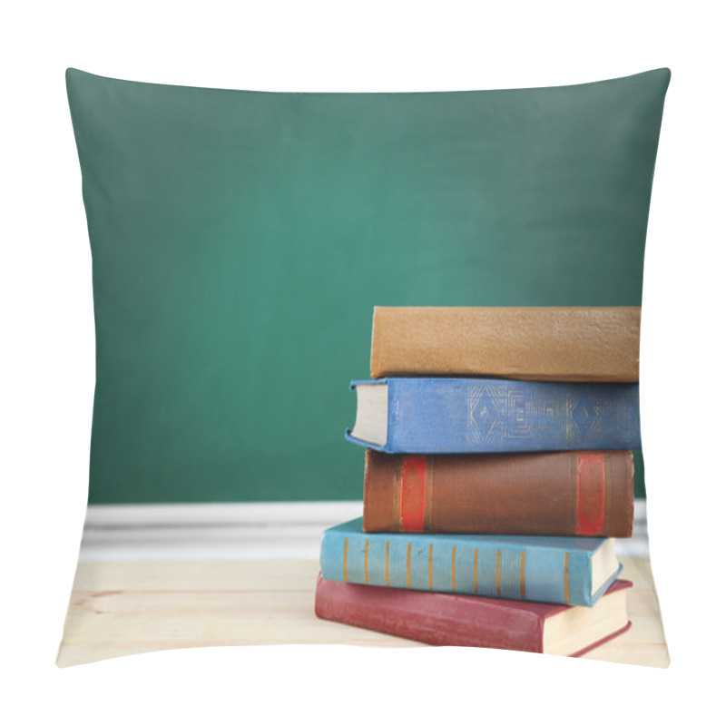 Personality  Stack Of Books On Desk, On Blackboard Background Pillow Covers