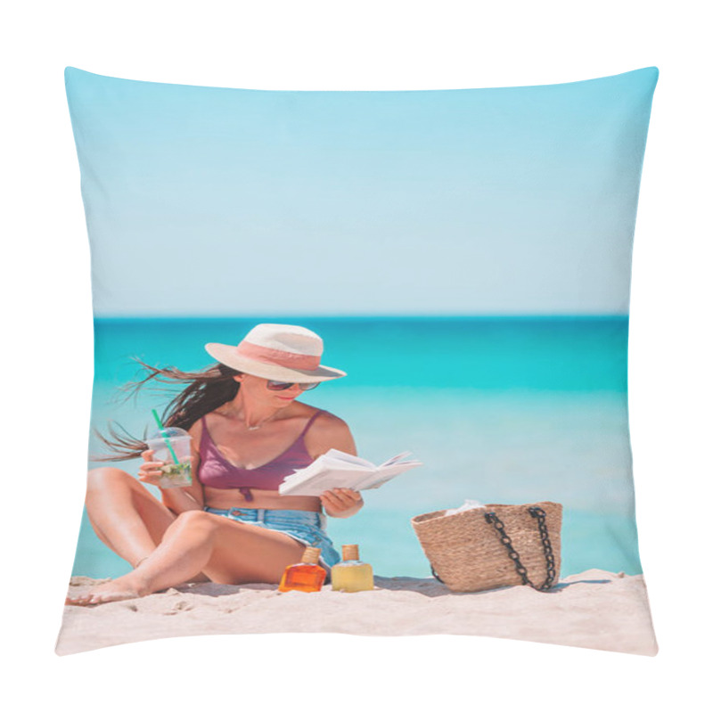 Personality  Young Woman Reading Book During Tropical White Beach Pillow Covers