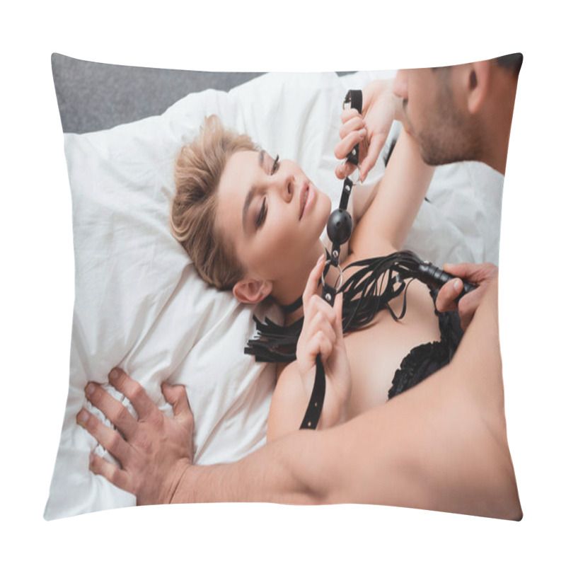 Personality  Selective Focus Of Seductive Girl Holding Gag Near Man In Bedroom  Pillow Covers