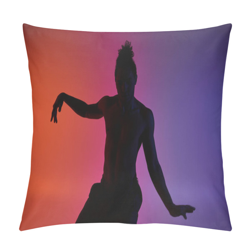 Personality  Silhouette Of A Young African American Man Dancing Against A Vibrant Neon Background. Pillow Covers