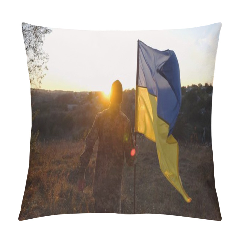 Personality  Young Man In Military Uniform Jogs With Waving Flag Of Ukraine At Sunset. Male Soldier Of Ukrainian Army Runs With Lifted Blue-yellow Banner At Countryside. Concept Of Invasion Resistance. Slow Motion Pillow Covers